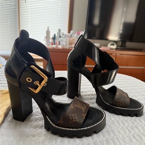 Authentic Louis Vuitton Star Trail Monogram Heeled Sandals - Picture 2 of 6